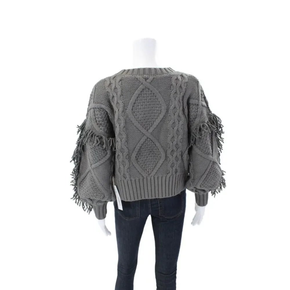 Line And Dot Womens Chunky Knit Crew Neck Fringe Cropped Sweater Gray Cotton XS